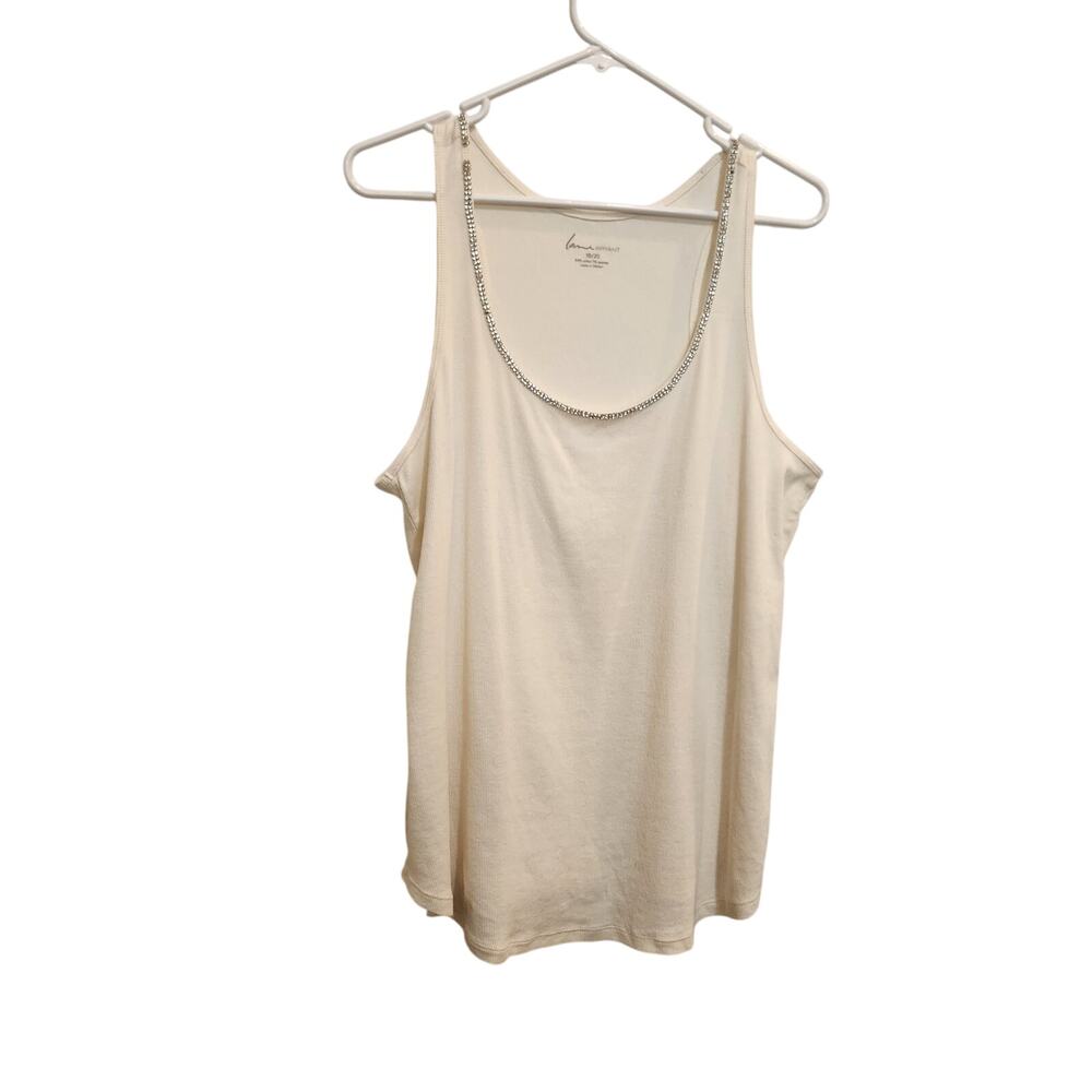 Lane Bryant Embellished Rhinestone Scoop Neck Rib Knit Cream Tank Top Size 18/20